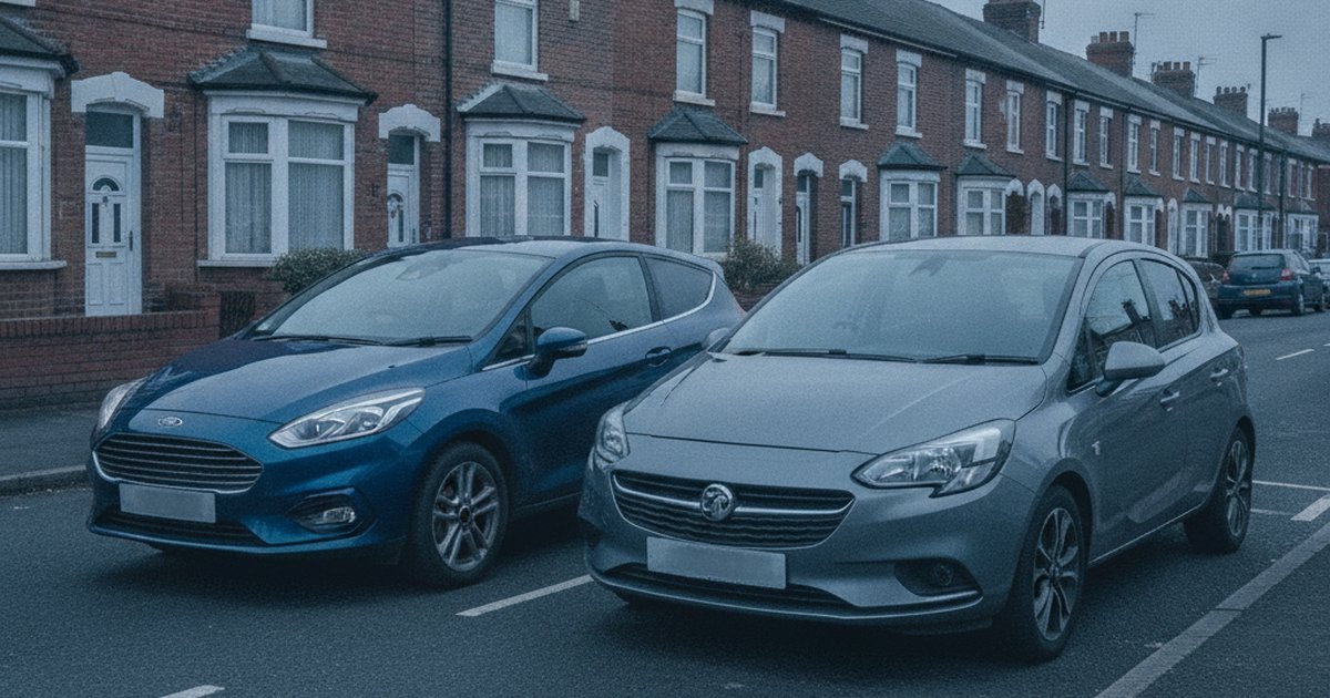 Ford Fiesta and Vauxhall Corsa parked side by side, PlateInsight MOT reliability comparison