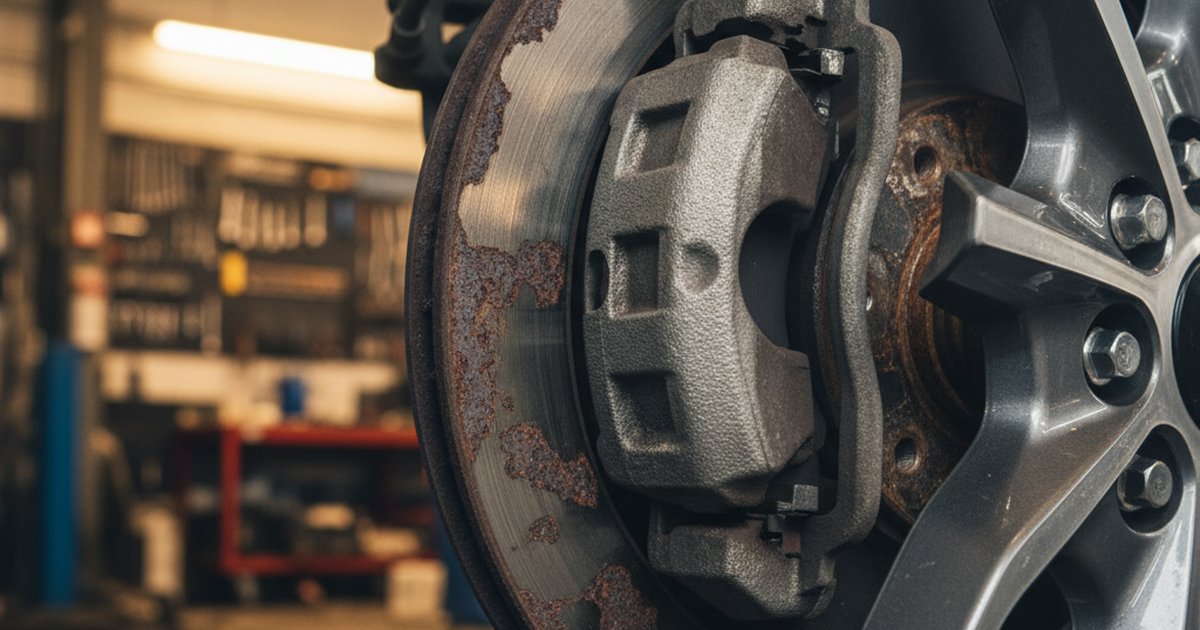 Worn brake disc visible through an alloy wheel in a UK garage