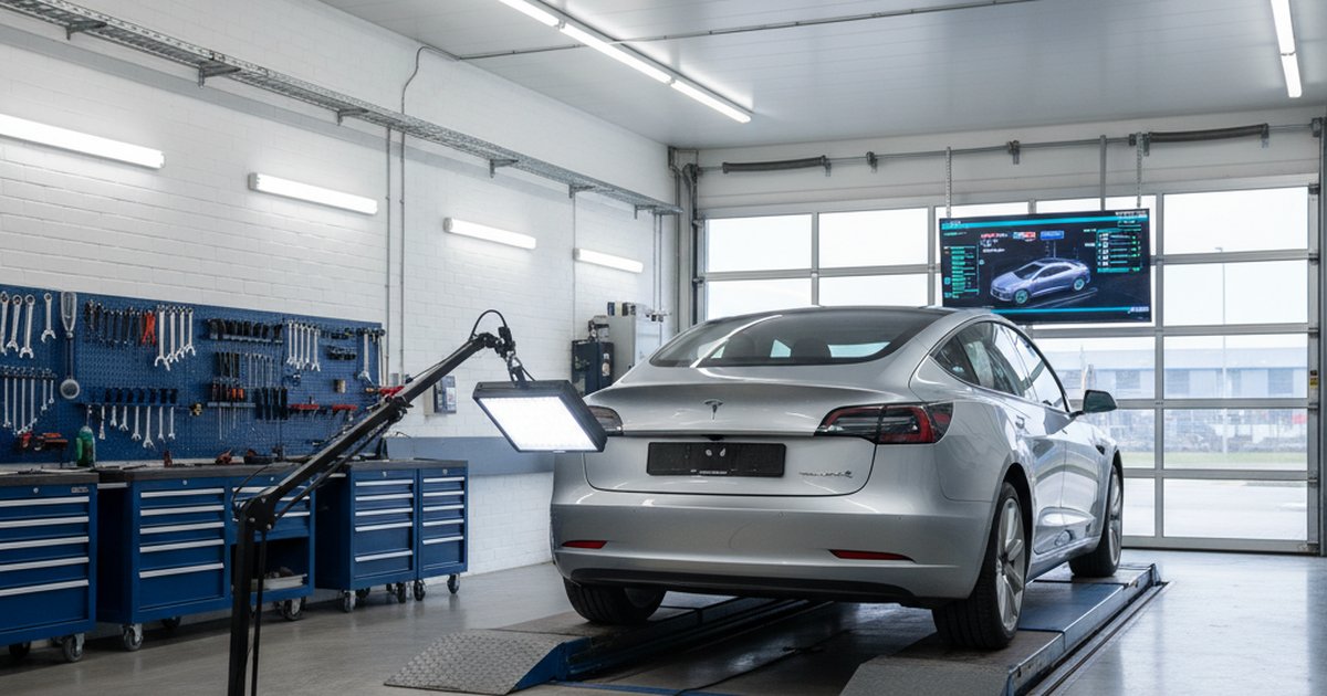 Mechanic inspecting a corroded exhaust system underneath a car on an MOT ramp