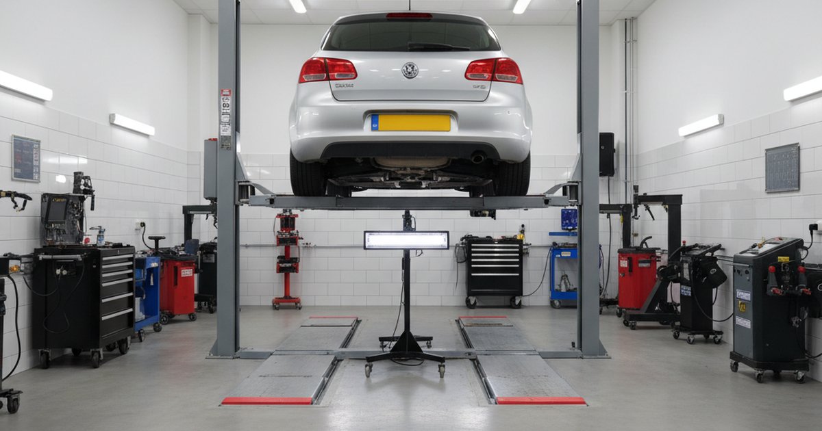 Car undergoing MOT inspection at a UK testing station