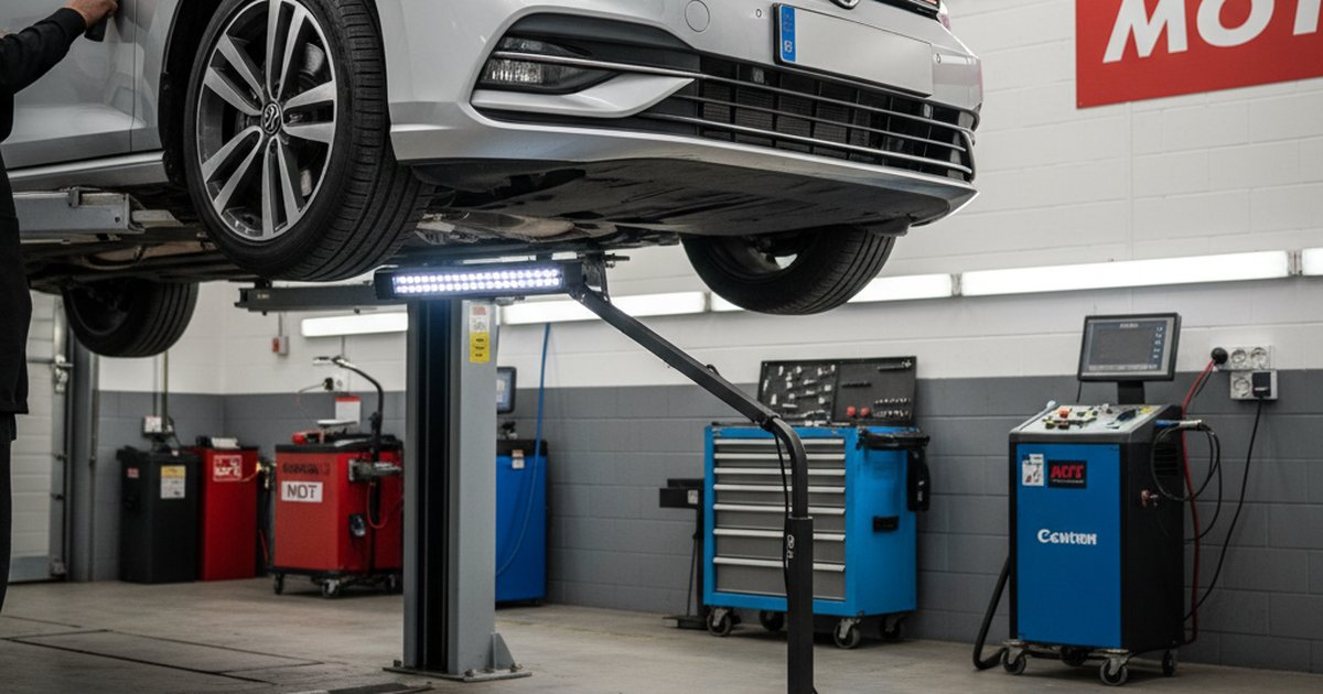 Car undergoing MOT inspection at a UK testing station