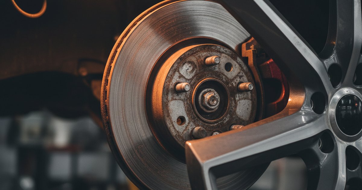 Worn brake disc visible through an alloy wheel in a UK garage