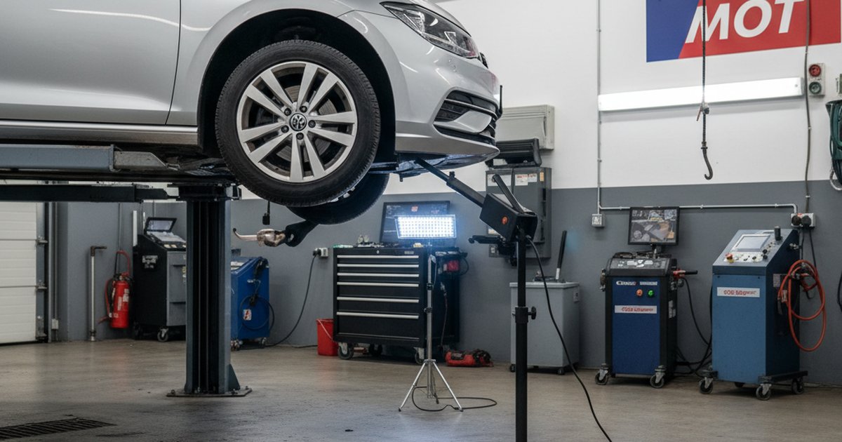 Car undergoing MOT inspection at a UK testing station
