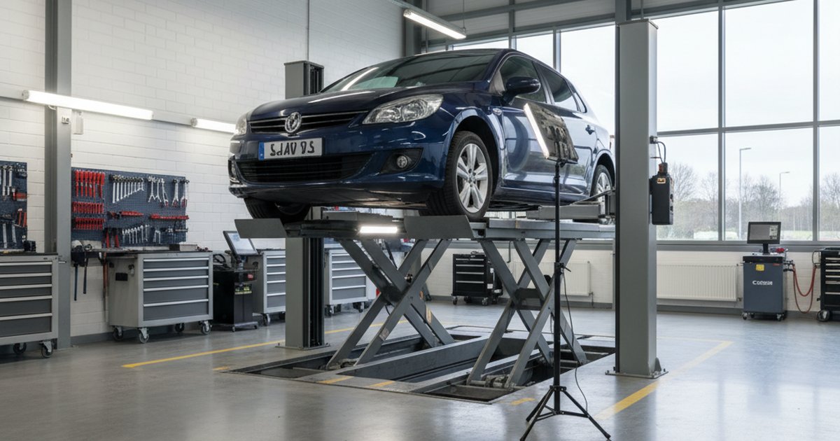 Car undergoing MOT inspection at a UK testing station