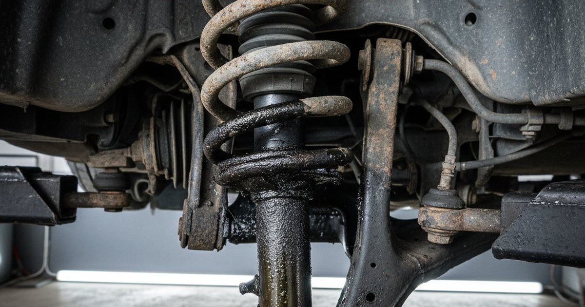 Car suspension components visible from underneath on a garage lift