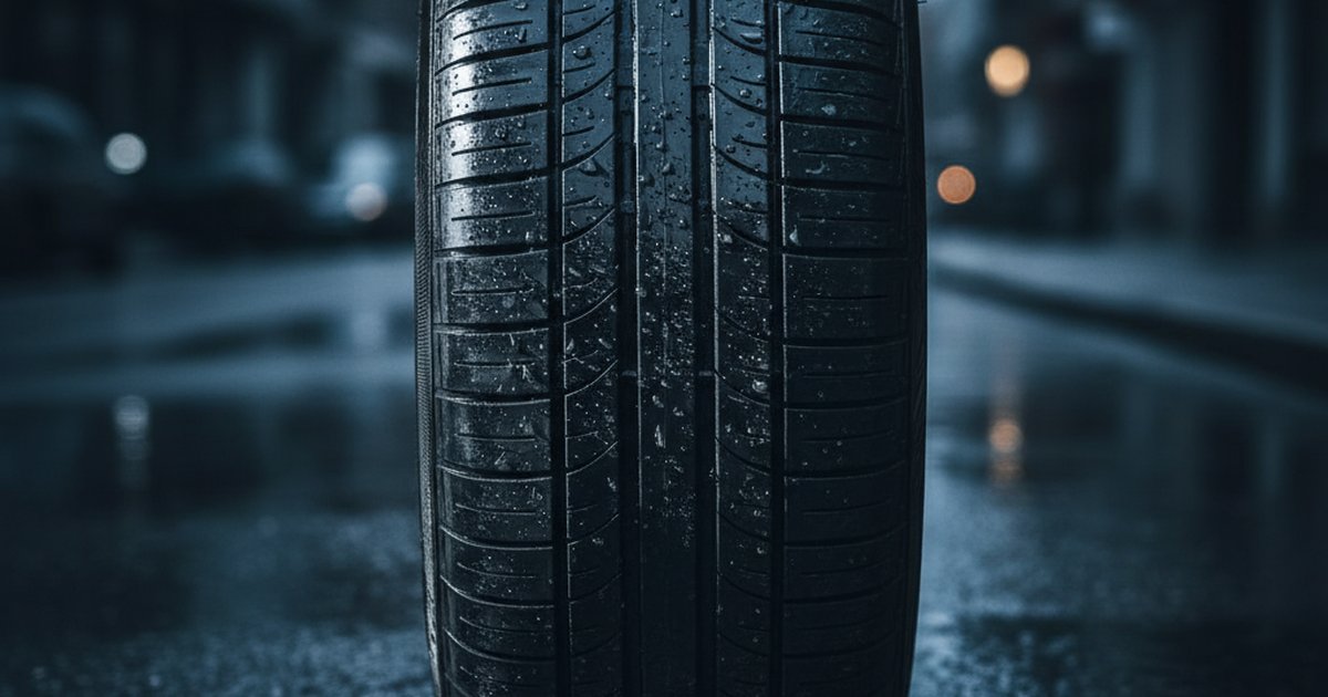 Worn car tyre showing dangerous tread wear on a wet UK road