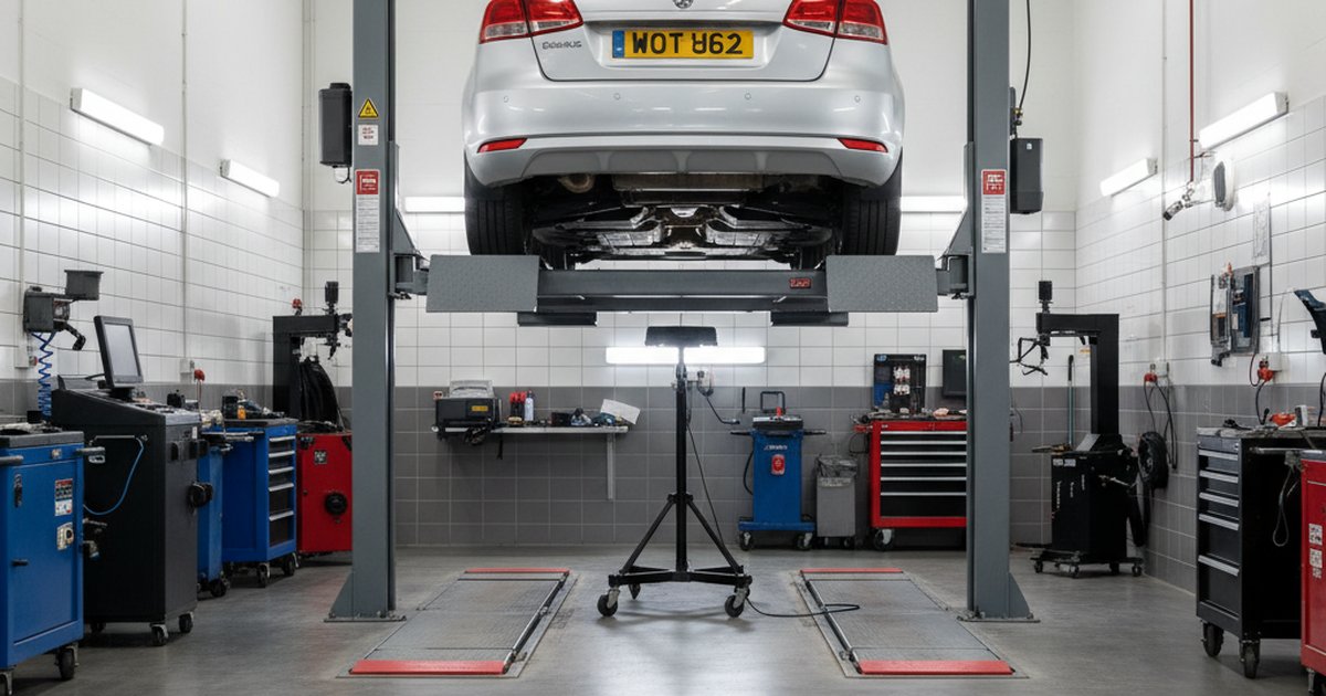 Car undergoing MOT inspection at a UK testing station