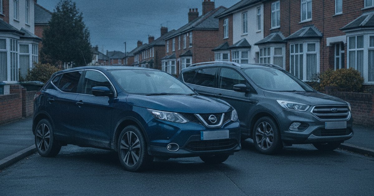Nissan Qashqai and Ford Kuga parked side by side, PlateInsight MOT reliability comparison