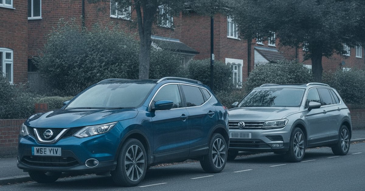 Nissan Qashqai and VW Tiguan parked side by side, PlateInsight MOT reliability comparison