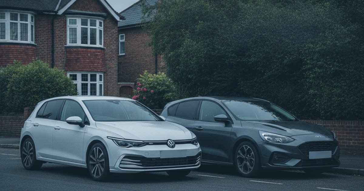 VW Golf and Ford Focus parked side by side, PlateInsight MOT reliability comparison